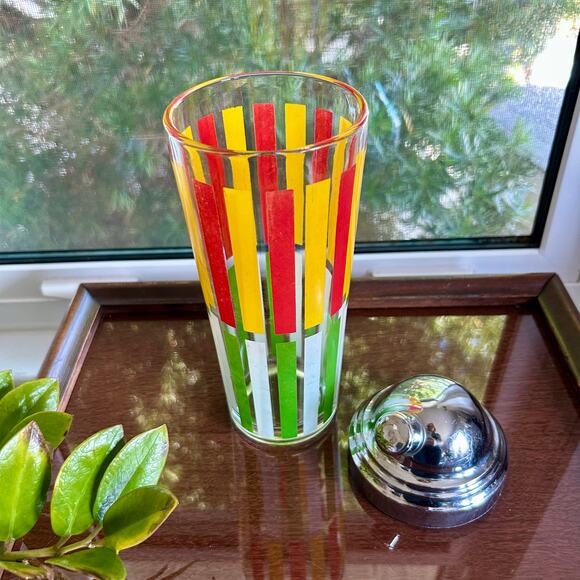 Mid-CenturyOrange and Green Striped Glass Cocktail Shaker w/ Chrome Top, 10” - Picture 14 of 16